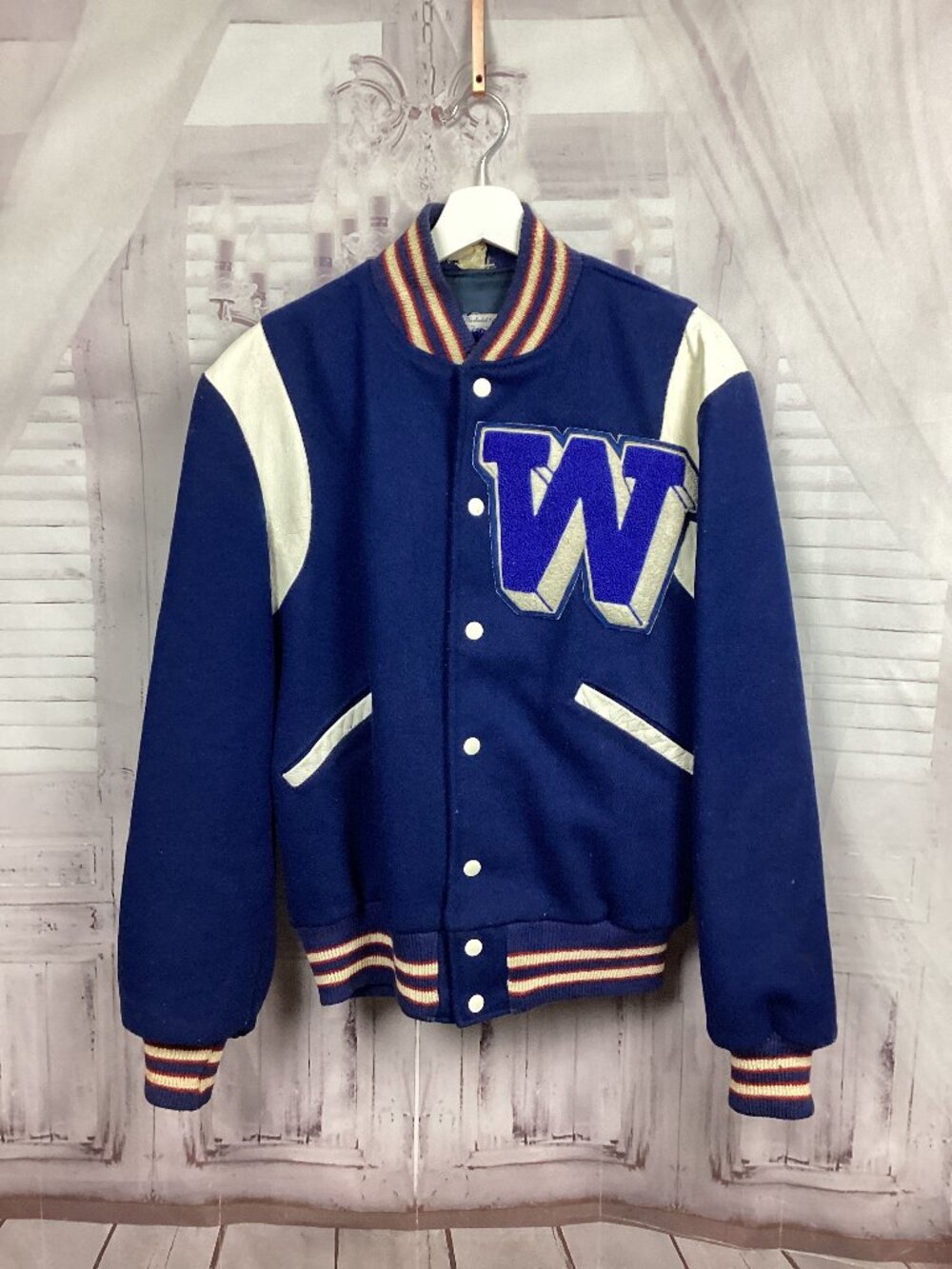 Vintage Letterman Jacket Blue White W 38